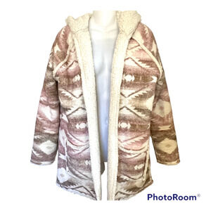 O'NEILL PINK & TAUPE AZTEC TRIBAL PRINT SHERPA LINED HOODED JACKET SIZE M HTF